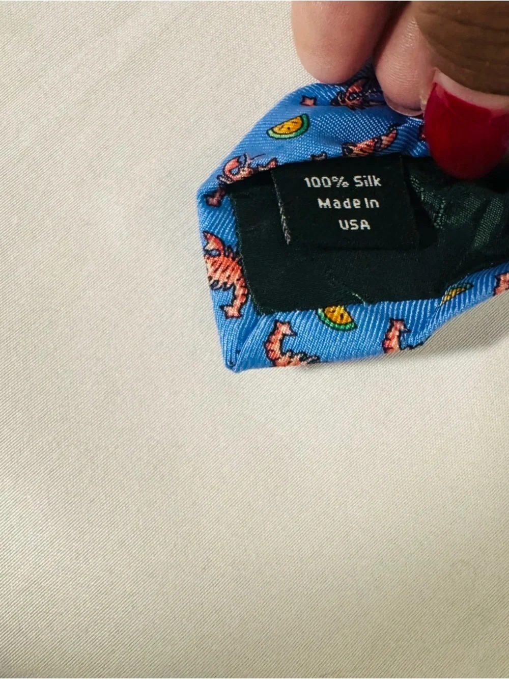 J. Crew Vintage Lobsters and Lemon Motif Blue 100% Silk Tie Made in USA